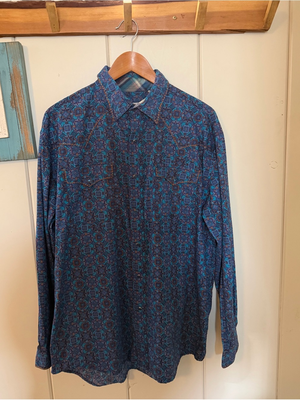 Roper Mens L Western Pearl Snap Shirt Teal Geometric Cowboy 100% Cotton